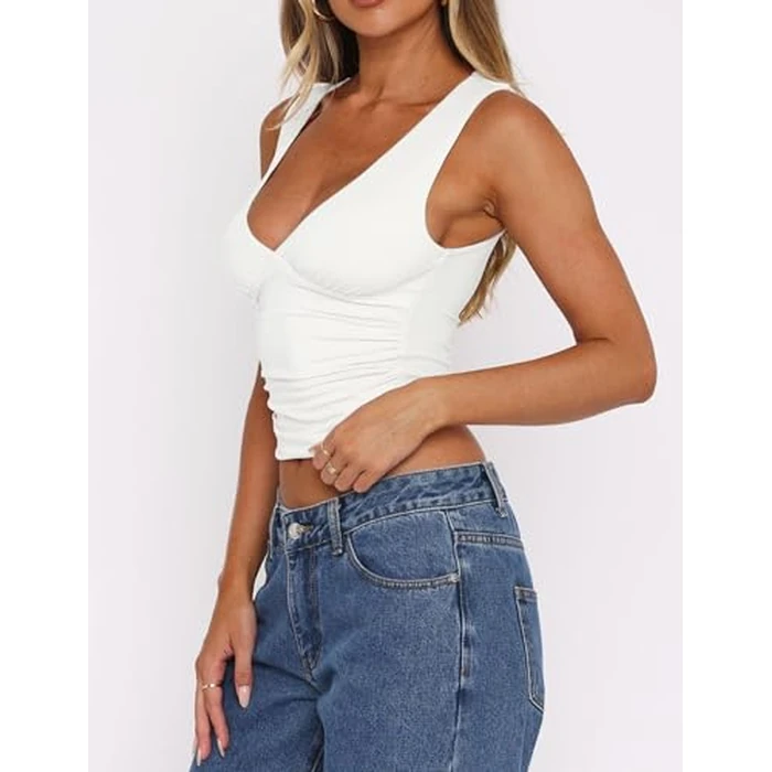 ForeFair Womens Deep V Neck Crop Tank Tops Going Out Double Lined Sexy Crop Top Sleeveless Slim Fit Y2k Summer Tops White,S by ForeFair - Image 8
