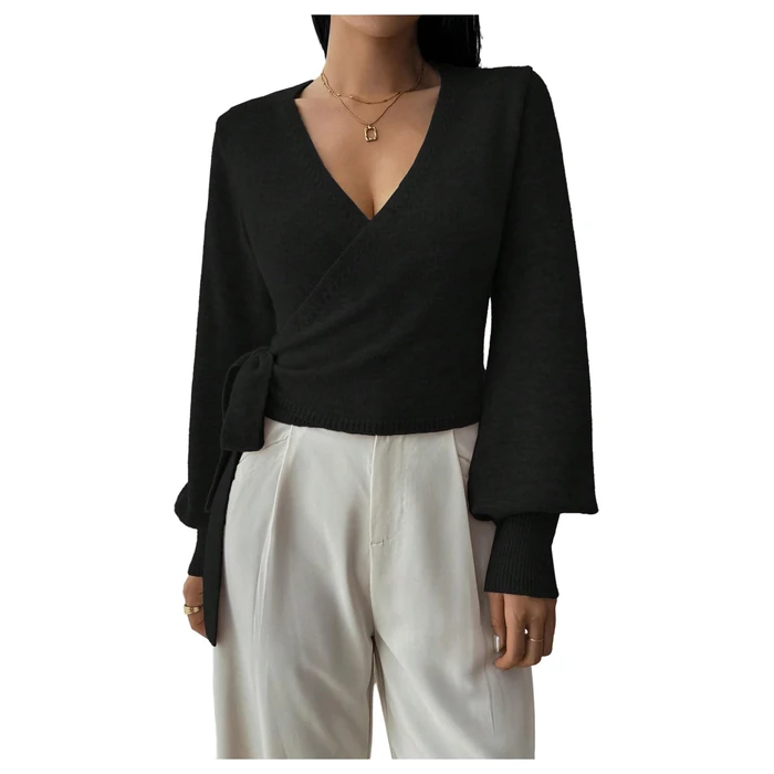 SHENHE Women's Casual V Neck Wrap Sweater Pullover Long Sleeve Slim Fit Knit Crop Top Sweater Black Small by SHENHE - Used - Like New condition