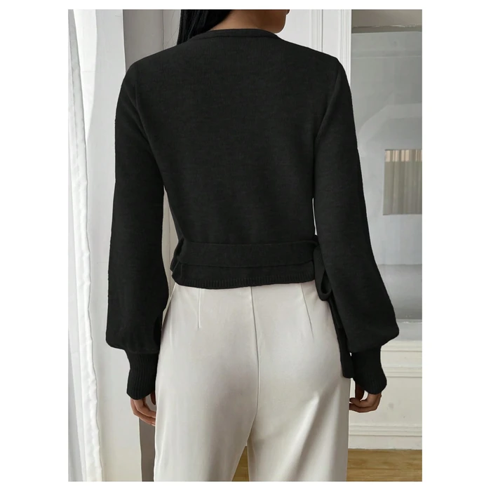 SHENHE Women's Casual V Neck Wrap Sweater Pullover Long Sleeve Slim Fit Knit Crop Top Sweater Black Small by SHENHE - Image 2