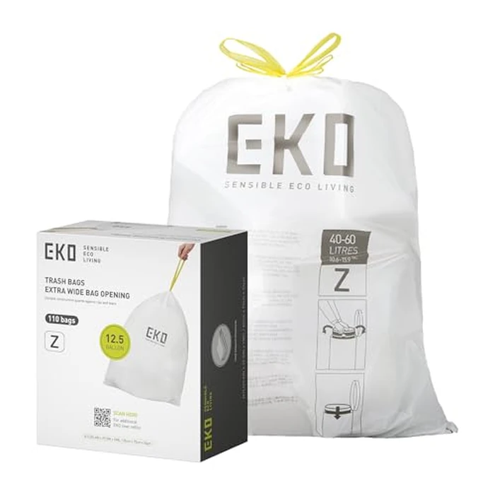 EKO 12.5 Gallon / 40-60 Liter, 110 Count Drawstring Trash Bags, Extra-Strong Garbage Bags, Unscented, Leak-Resistant, Easy-Dispense Roll for Kitchen & Household Use, Code Z, White by EKO - Used - Like New condition