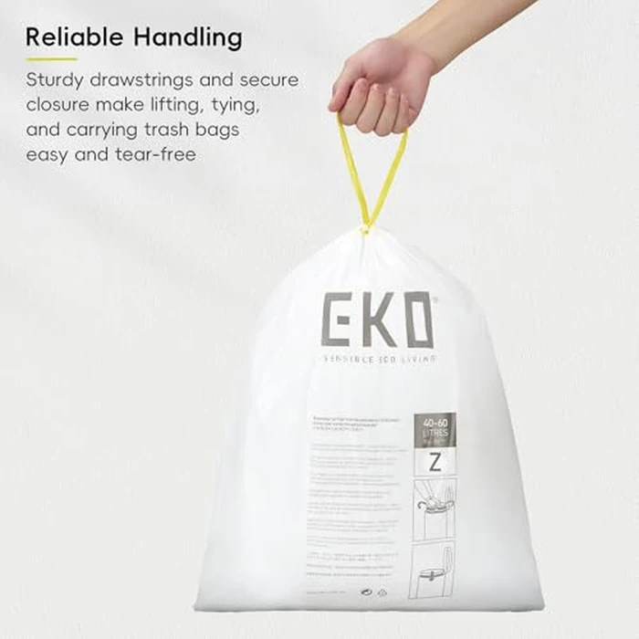 EKO 12.5 Gallon / 40-60 Liter, 110 Count Drawstring Trash Bags, Extra-Strong Garbage Bags, Unscented, Leak-Resistant, Easy-Dispense Roll for Kitchen & Household Use, Code Z, White by EKO - Image 4