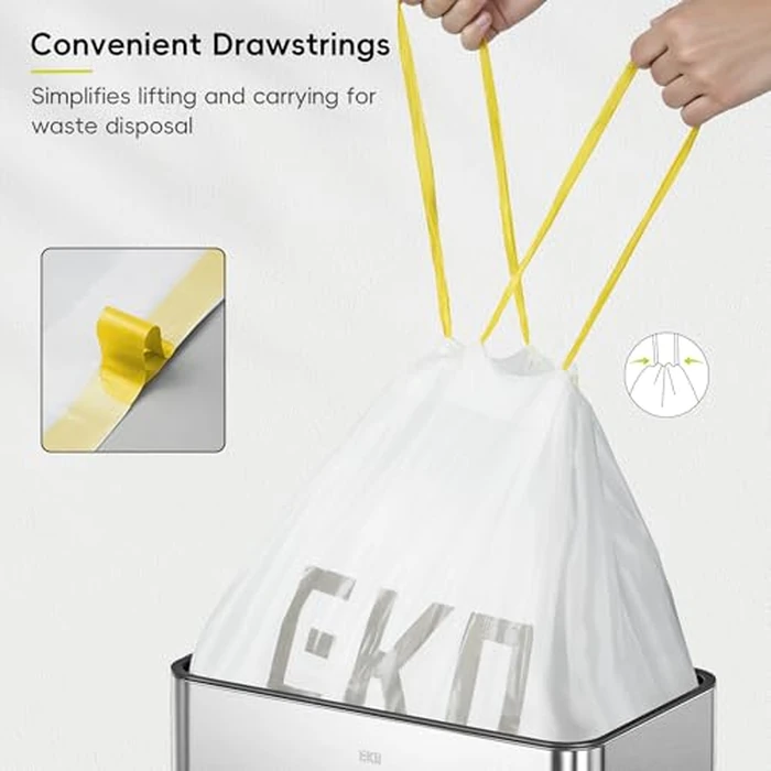 EKO 12.5 Gallon / 40-60 Liter, 110 Count Drawstring Trash Bags, Extra-Strong Garbage Bags, Unscented, Leak-Resistant, Easy-Dispense Roll for Kitchen & Household Use, Code Z, White by EKO - Image 6