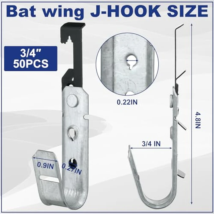 Zonon 50 Pcs 3/4 Inch Galvanized Steel J Hook with Bat Wing Heavy Duty Cable Support Straps Hangers for Hanging Cable Management to Ceiling Grid Wire & Threaded Rod by Zonon - Image 2