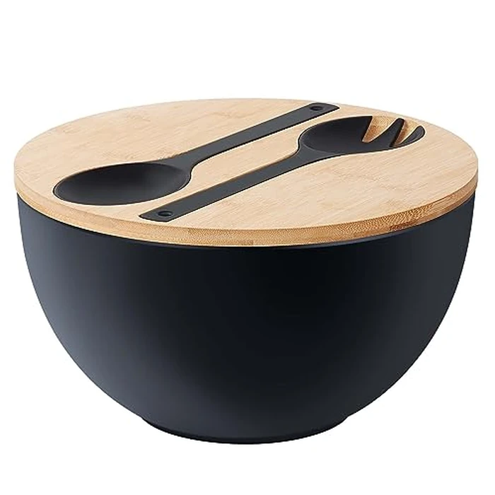 11.3" Extra Large Salad Bowl with Wooden Lid & Servers, 208Oz, Oversized Bamboo Fiber Salad Serving Set with Utensils for Home/Kitchen, Big Lightweight Bowl for Mixing Salad,Fruit,Pasta(Matte Black) by ECOHAGOU - Used - Like New condition - CA$44.91
