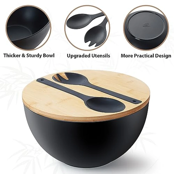 11.3" Extra Large Salad Bowl with Wooden Lid & Servers, 208Oz, Oversized Bamboo Fiber Salad Serving Set with Utensils for Home/Kitchen, Big Lightweight Bowl for Mixing Salad,Fruit,Pasta(Matte Black) by ECOHAGOU - Image 2