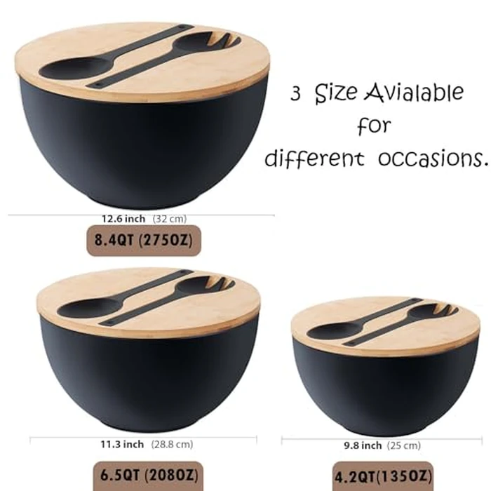 11.3" Extra Large Salad Bowl with Wooden Lid & Servers, 208Oz, Oversized Bamboo Fiber Salad Serving Set with Utensils for Home/Kitchen, Big Lightweight Bowl for Mixing Salad,Fruit,Pasta(Matte Black) by ECOHAGOU - Image 3
