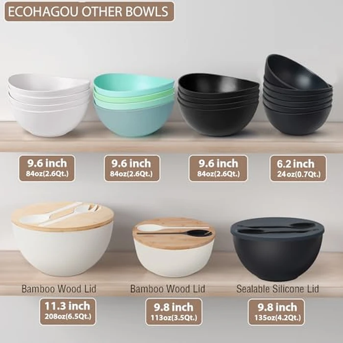 11.3" Extra Large Salad Bowl with Wooden Lid & Servers, 208Oz, Oversized Bamboo Fiber Salad Serving Set with Utensils for Home/Kitchen, Big Lightweight Bowl for Mixing Salad,Fruit,Pasta(Matte Black) by ECOHAGOU - Image 8