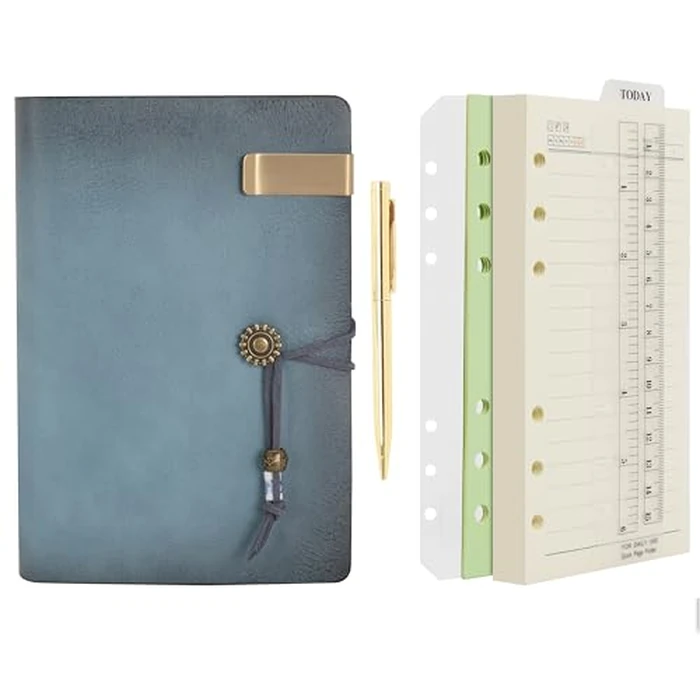 Wonderpool Leather Journal Lined Paper Notebook & Pen - Refillable 6 Ring Binder Writing Spiral Diary with Ruled Notepads Vintage Cover for Office Travel Work and Plan Agenda (A6, a-Cyan) by Wonderpool - Used - Like New condition - CA$20.92