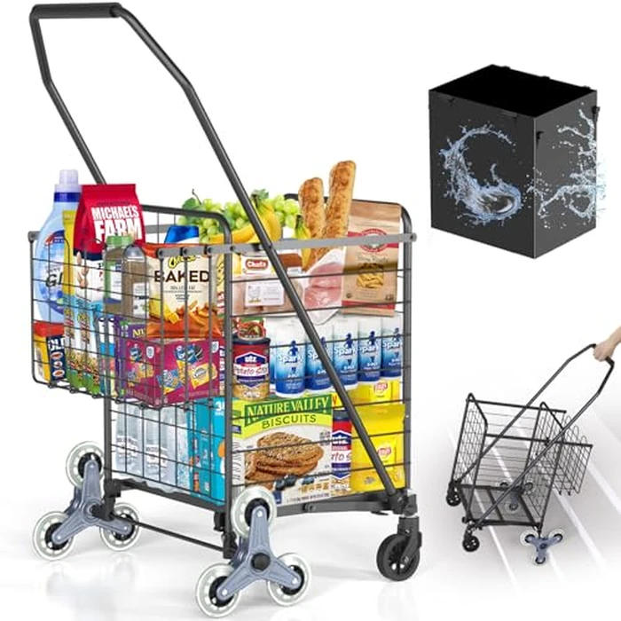 [Upgrade] Shopping Cart for Groceries, 280 LBS Large Grocery Cart with Waterproof Liner, 360 degrees Rolling Swivel Wheels, Heavy Duty Utility Cart Folding Shopping Carts for Laundry by RXUJYC - Used - Very Good condition - CA$90.87