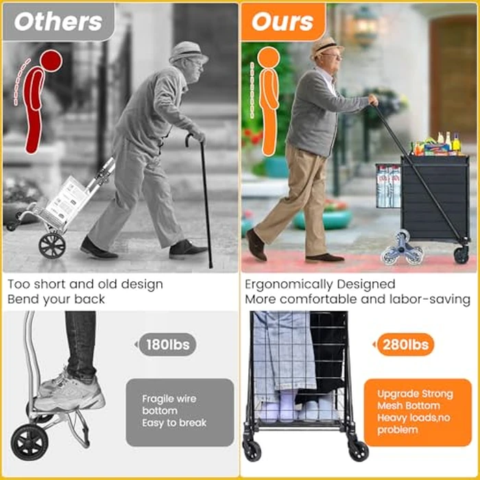 [Upgrade] Shopping Cart for Groceries, 280 LBS Large Grocery Cart with Waterproof Liner, 360 degrees Rolling Swivel Wheels, Heavy Duty Utility Cart Folding Shopping Carts for Laundry by RXUJYC - Image 3