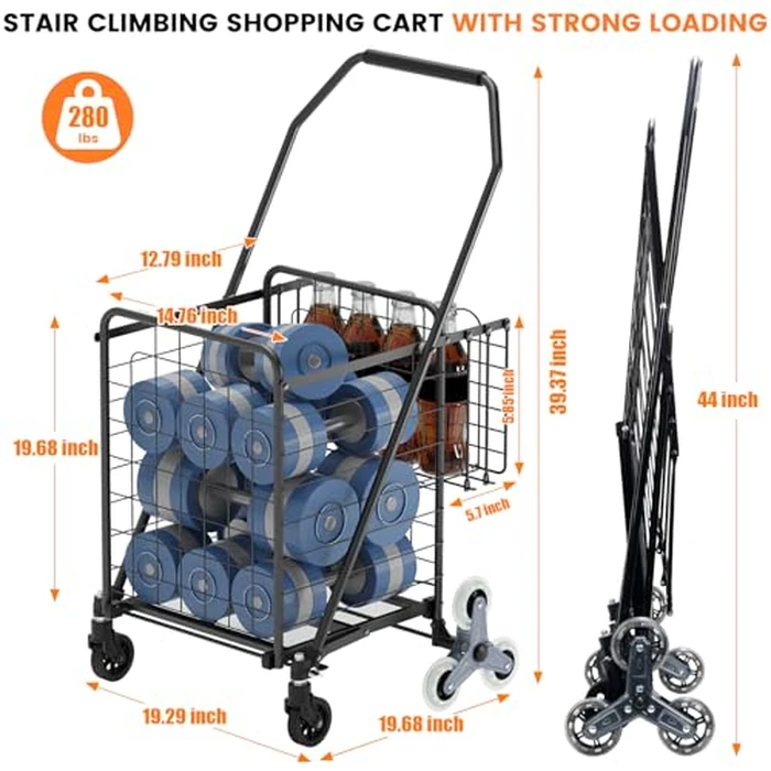 [Upgrade] Shopping Cart for Groceries, 280 LBS Large Grocery Cart with Waterproof Liner, 360 degrees Rolling Swivel Wheels, Heavy Duty Utility Cart Folding Shopping Carts for Laundry by RXUJYC - Image 4