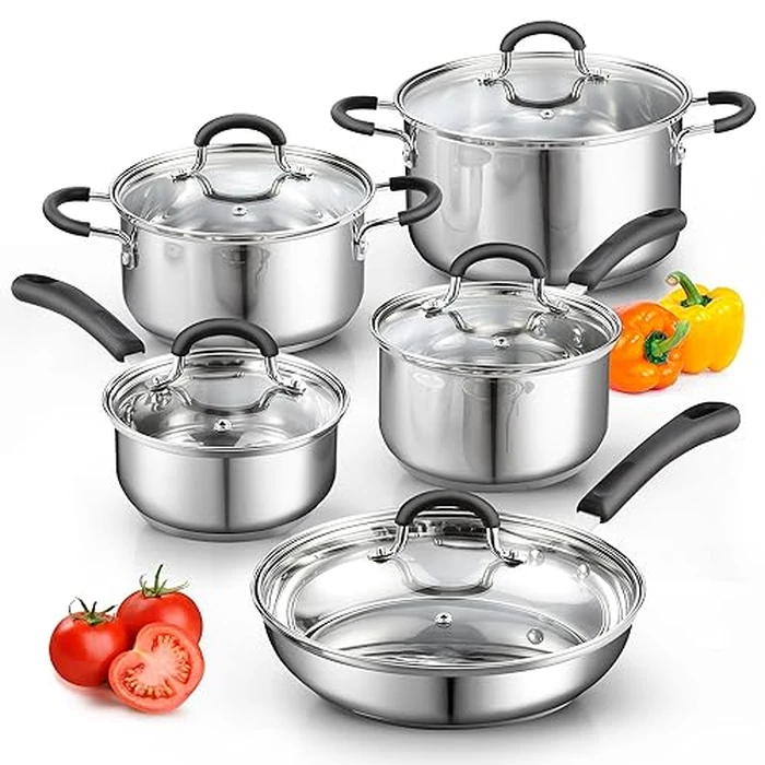 Cook N Home Stainless Steel Cookware Sets 10-Piece, Pots and Pans Kitchen Cooking Set with Stay-Cool Handles, Dishwasher Safe, Silver by Cook N Home - Used - Very Good condition - US$69.96