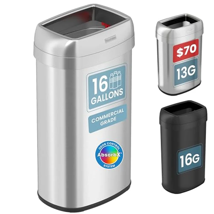 iTouchless 61 Liter / 16 Gallon Open Top Kitchen Trash Can & Recycle Bin with Double Odor Filters, Stainless Steel Commercial Grade Garbage Bin for Garage Home, Office, Restaurant, Restroom Store Dorm by iTouchless - Used - Very Good condition - US$72.38