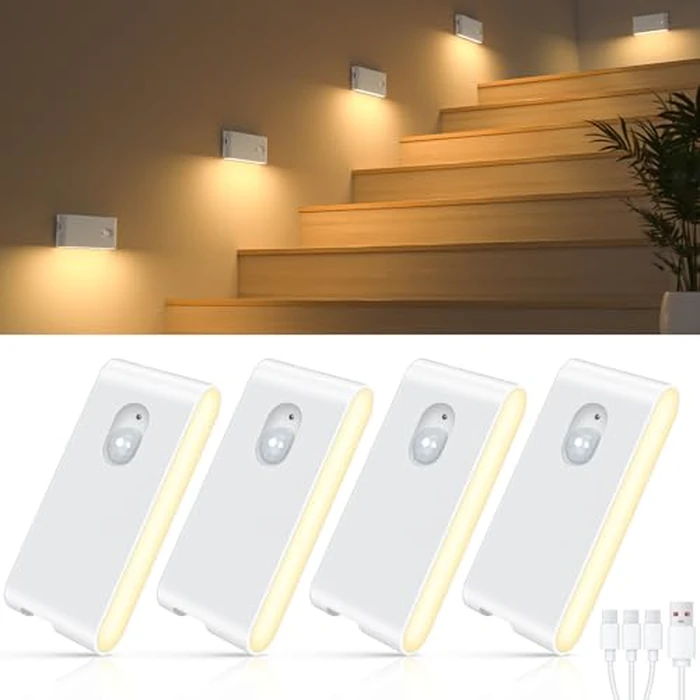 WILLED Stair Lights Indoor,Warm White Rechargeable Night Light,Wireless Motion Sensor Night Light,Battery Stick On Lights for Stairway,Hallway,Kitchen,Closet,Cabinet,Bedroom,Kids' Room(4-Pack) by WILLED - Used - Like New condition - US$20.18