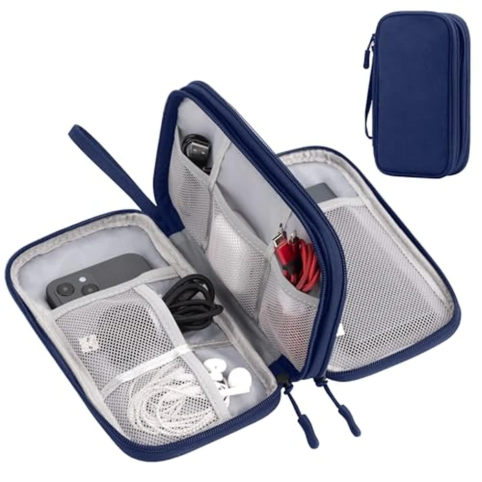 Arae Electronic Organizer, Travel Cable Organizer, Double Layers Portable Waterproof Pouch, Electronic Accessories Storage Case for Cable, Cord, Charger, Phone, Earphone (Dark Blue, S) by Arae - Image 1