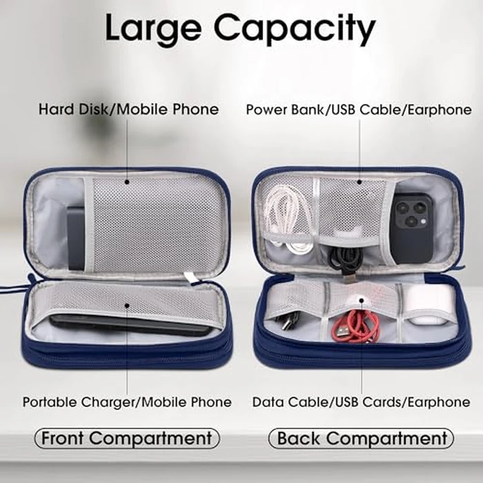 Arae Electronic Organizer, Travel Cable Organizer, Double Layers Portable Waterproof Pouch, Electronic Accessories Storage Case for Cable, Cord, Charger, Phone, Earphone (Dark Blue, S) by Arae - Image 3
