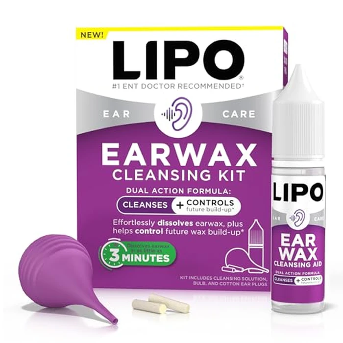 Lipo Earwax Cleansing Kit, Cleansing Ear Drops, Bulb Syringe, and Cotton Plugs, Effortlessly Dissolves Ear Wax, Easy to Use Ear Wax Removal Kit, Clinically Tested Peroxide-Free, 0.5 Fl Oz by Lipo-Flavonoid - Image 1