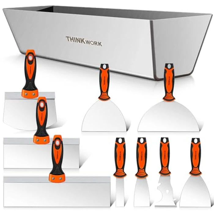 THINKWORK Drywall Knife Set, 10Pcs Drywall Tools Include Stainless Steel Putty Knife Set, Taping Knives, Painter Scraper, 14" Mud Pan and Scoop, Spackle Tool Kit for Joint Taping, Finishing, Patching by THINKWORK - Image 1