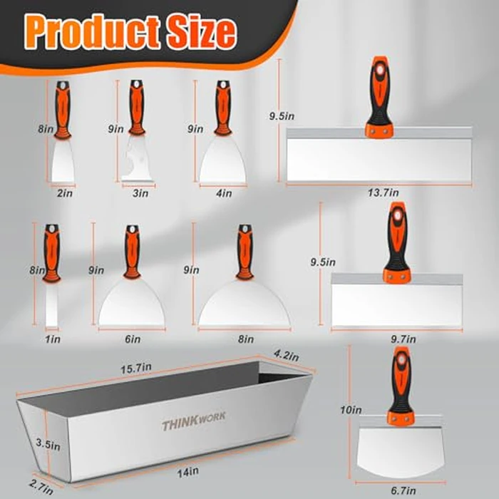 THINKWORK Drywall Knife Set, 10Pcs Drywall Tools Include Stainless Steel Putty Knife Set, Taping Knives, Painter Scraper, 14" Mud Pan and Scoop, Spackle Tool Kit for Joint Taping, Finishing, Patching by THINKWORK - Image 2