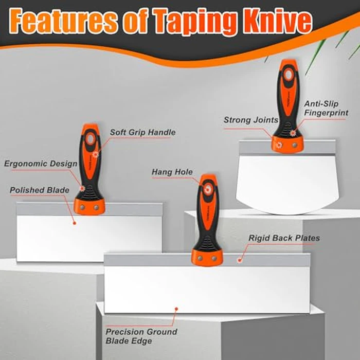 THINKWORK Drywall Knife Set, 10Pcs Drywall Tools Include Stainless Steel Putty Knife Set, Taping Knives, Painter Scraper, 14" Mud Pan and Scoop, Spackle Tool Kit for Joint Taping, Finishing, Patching by THINKWORK - Image 3