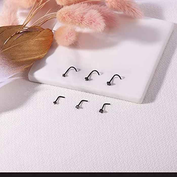 6ixGosh 4-6pcs 20g Nose Rings Studs Surgical Steel Nose Rings CZ L Shaped Corkscrew Nose Ring Studs for Women Men Small Cute Silver Rose Gold Black Nose Ring Stud 1.5mm 2mm 2.5mm 3mm Nostril Piercing jewelry (2/2.5/3mm/AB Black CZ/L-Shape/20g/Black) by 6ixGosh - Image 6