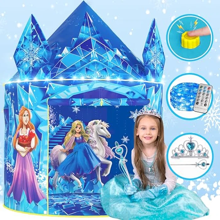 W&O Frozen Princess Tent for Girls with Magical Sound Button, LED Lights, Crown & Wand - Indoor & Outdoor Frozen Tent for Girls Ages 3-7 by W&O - Used - Like New condition - US$30.42