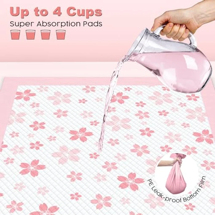 MIZOK Puppy Pads 22"x 22" with Leak-Proof Quick-Dry Design Pee Pads for Dogs Potty Training, 6-Layer Standard Absorbency Dog Pee Pads Regular Size, Pink Cherry Blossom Pattern (50 Counts) by MIZOK - Image 4