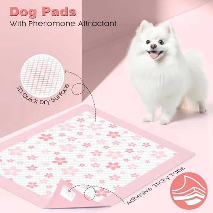 MIZOK Puppy Pads 22"x 22" with Leak-Proof Quick-Dry Design Pee Pads for Dogs Potty Training, 6-Layer Standard Absorbency Dog Pee Pads Regular Size, Pink Cherry Blossom Pattern (50 Counts) by MIZOK - Image 6