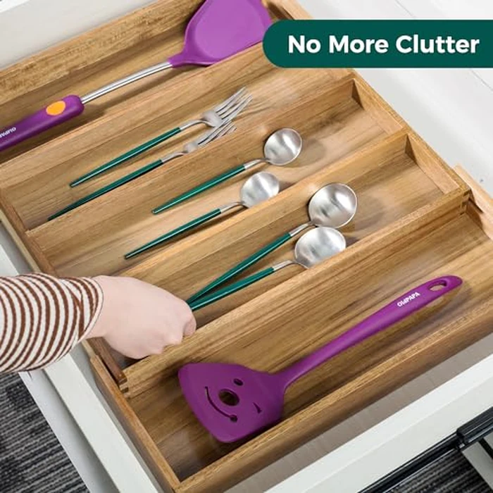 Utoplike Acacia Expandable Kitchen Drawer Organizer, Adjustable Large Utensil Holder and Cutlery Tray, Drawer Divider For Silverware, Flatware, Knives In Kitchen, Bedroom, Living Room by Utoplike - Image 2