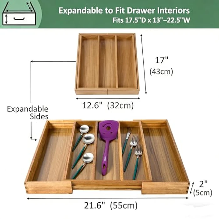 Utoplike Acacia Expandable Kitchen Drawer Organizer, Adjustable Large Utensil Holder and Cutlery Tray, Drawer Divider For Silverware, Flatware, Knives In Kitchen, Bedroom, Living Room by Utoplike - Image 3
