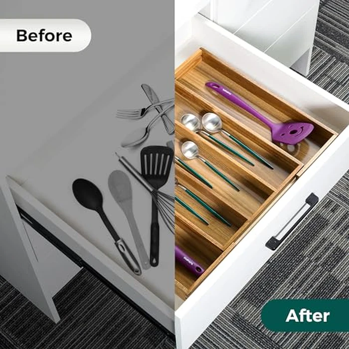 Utoplike Acacia Expandable Kitchen Drawer Organizer, Adjustable Large Utensil Holder and Cutlery Tray, Drawer Divider For Silverware, Flatware, Knives In Kitchen, Bedroom, Living Room by Utoplike - Image 5
