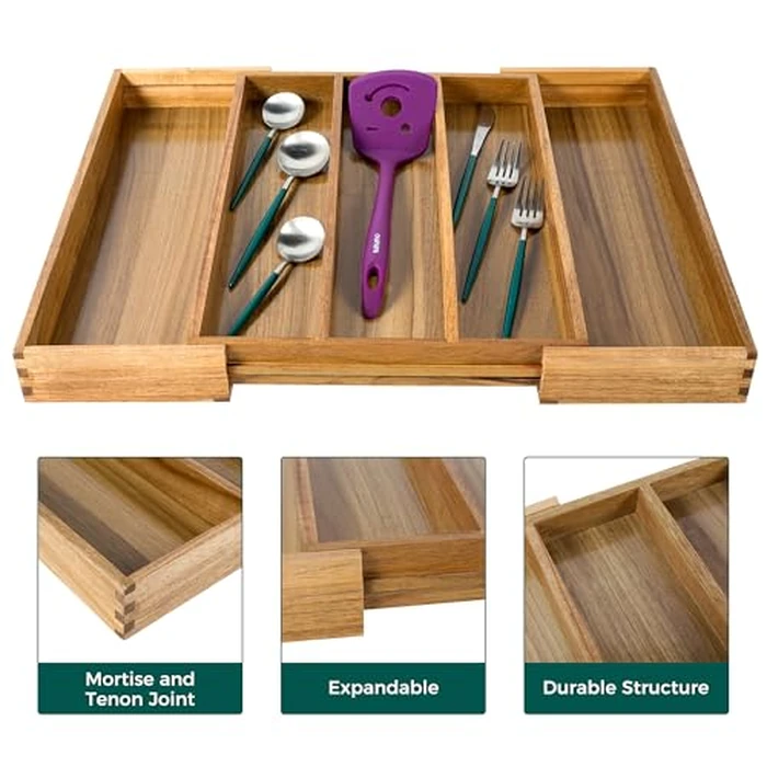 Utoplike Acacia Expandable Kitchen Drawer Organizer, Adjustable Large Utensil Holder and Cutlery Tray, Drawer Divider For Silverware, Flatware, Knives In Kitchen, Bedroom, Living Room by Utoplike - Image 6