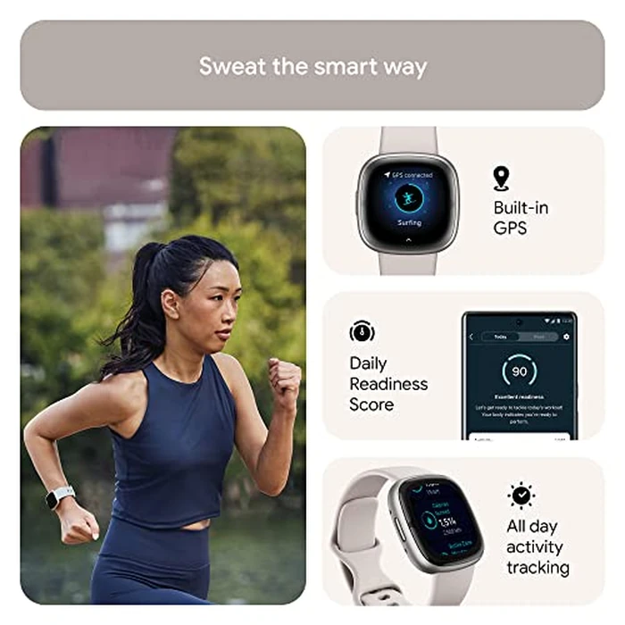 Google Fitbit Sense 2 Advanced Health and Fitness Smartwatch with Tools To Manage Stress and Sleep, Ecg App, Spo2, 24/7 Heart Rate and Gps, Lunar White/platinum, One Size (S and L Bands Included) by Fitbit - Image 5