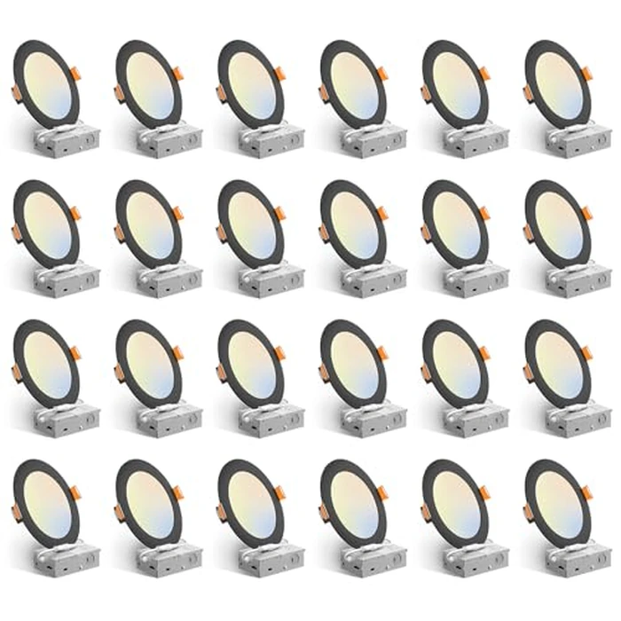Amico 24 Pack 6 Inch Black 5CCT Ultra-Thin LED Recessed Ceiling Light with J-Box, 2700K/3000K/3500K/4000K/5000K Selectable, 12W Eqv 110W, Dimmable Canless Downlight, 1050LM High Brightness, ETL, FCC by Amico - Used - Very Good condition - US$124.42