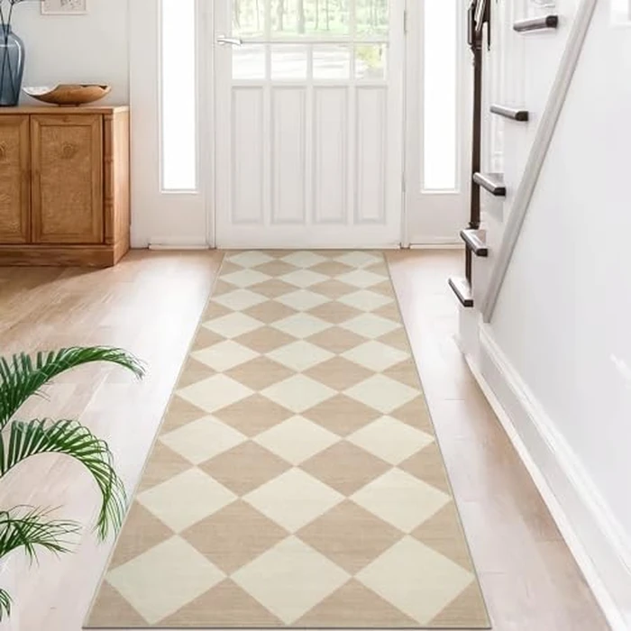 Beeiva Checkered Print Rug Runners for Hallways Non Slip 2.5x8, Ultra Thin Beige Kitchen Runner Rugs Non Skid Washable, Classic Neutral Gingham Decor Faux Wool Carpet for Bathroom Bedroom Entryway by Beeiva - Image 1