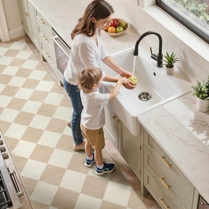 Beeiva Checkered Print Rug Runners for Hallways Non Slip 2.5x8, Ultra Thin Beige Kitchen Runner Rugs Non Skid Washable, Classic Neutral Gingham Decor Faux Wool Carpet for Bathroom Bedroom Entryway by Beeiva - Image 3