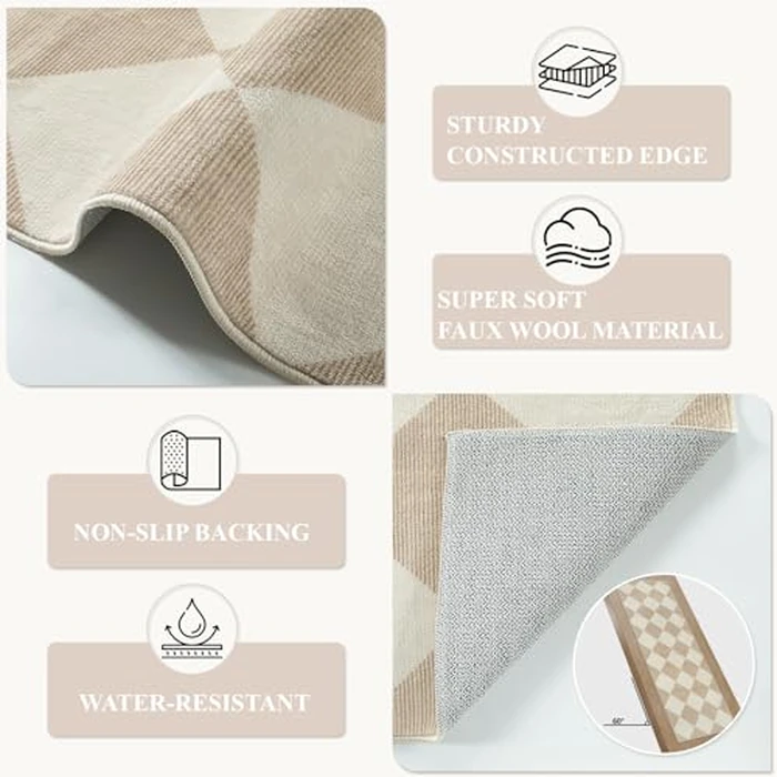 Beeiva Checkered Print Rug Runners for Hallways Non Slip 2.5x8, Ultra Thin Beige Kitchen Runner Rugs Non Skid Washable, Classic Neutral Gingham Decor Faux Wool Carpet for Bathroom Bedroom Entryway by Beeiva - Image 5