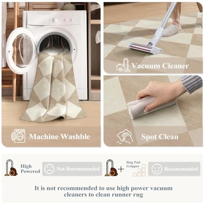 Beeiva Checkered Print Rug Runners for Hallways Non Slip 2.5x8, Ultra Thin Beige Kitchen Runner Rugs Non Skid Washable, Classic Neutral Gingham Decor Faux Wool Carpet for Bathroom Bedroom Entryway by Beeiva - Image 8