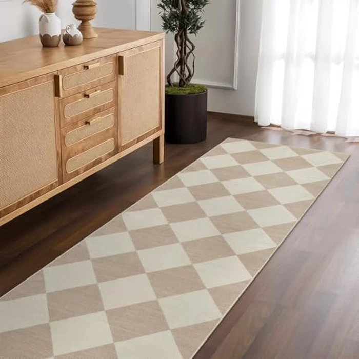 Beeiva Checkered Print Rug Runners for Hallways Non Slip 2.5x8, Ultra Thin Beige Kitchen Runner Rugs Non Skid Washable, Classic Neutral Gingham Decor Faux Wool Carpet for Bathroom Bedroom Entryway by Beeiva - Image 9