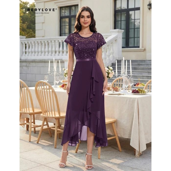 BeryLove Sequin Formal Dresses for Women Flutter Short Sleeve Wedding Guest Cocktail Evening Long Prom Dress 51XP Grape M by BeryLove - Image 2