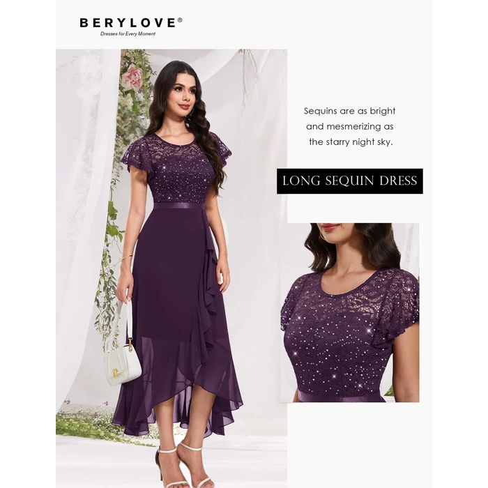 BeryLove Sequin Formal Dresses for Women Flutter Short Sleeve Wedding Guest Cocktail Evening Long Prom Dress 51XP Grape M by BeryLove - Image 4