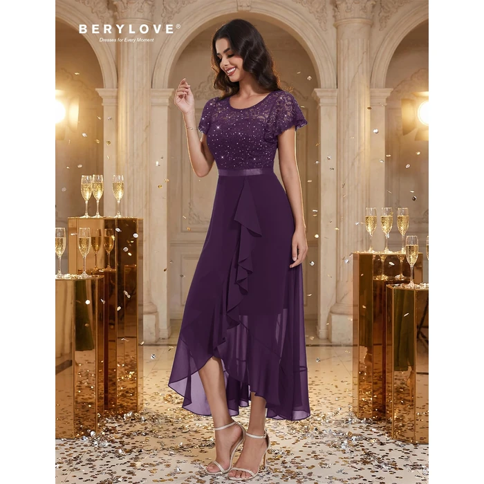 BeryLove Sequin Formal Dresses for Women Flutter Short Sleeve Wedding Guest Cocktail Evening Long Prom Dress 51XP Grape M by BeryLove - Image 5