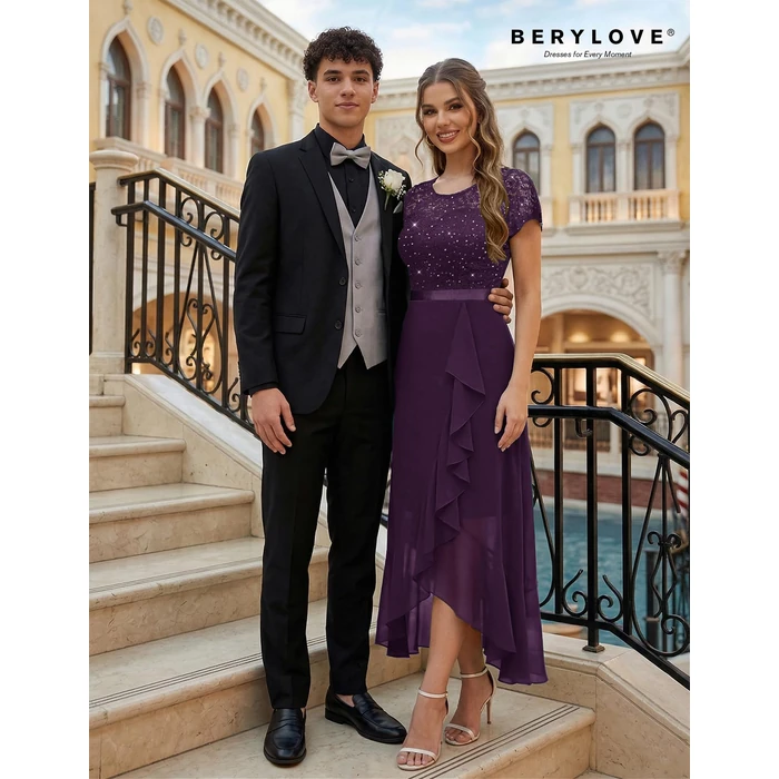 BeryLove Sequin Formal Dresses for Women Flutter Short Sleeve Wedding Guest Cocktail Evening Long Prom Dress 51XP Grape M by BeryLove - Image 6