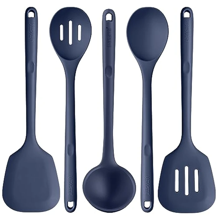 Silicone Kitchen Cooking Utensil Set: U-Taste High Heat Resistant 13.6in Kitchen Gadgets, BPA Free Non Stick Rubber Cook Accessories For Stir Frying, Serving, Basting, Mixing (5 Pieces, Midnight Blue) by U-Taste - Image 1