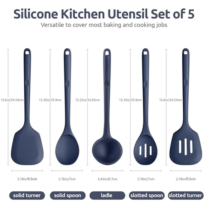 Silicone Kitchen Cooking Utensil Set: U-Taste High Heat Resistant 13.6in Kitchen Gadgets, BPA Free Non Stick Rubber Cook Accessories For Stir Frying, Serving, Basting, Mixing (5 Pieces, Midnight Blue) by U-Taste - Image 2