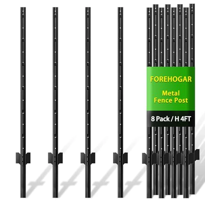 FOREHOGAR Metal Fence Post 4 Feet Black, Pack of 8, T Post for Wire Fence, No Dig Steel U Posts Fencing for Lawn Garden Wire Mesh Fences Poles Sign Outdoor Light Duty by FOREHOGAR - Used - Very Good condition - US$40.63
