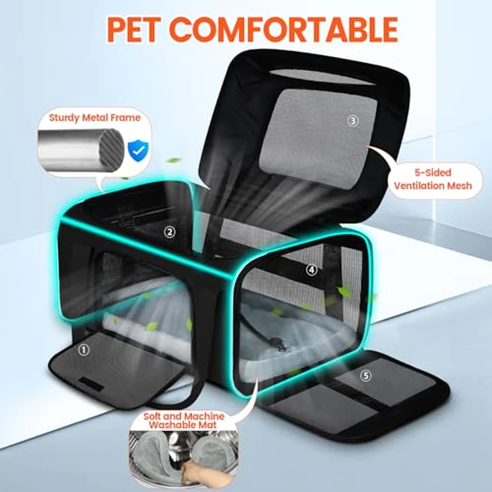 Petskd Top-Expandable Small Pet Carrier with Wheels(18" L x 11" W x 11" H), Delta/American/United Airlines Approved, Rolling Pet Carrier for Small Dogs & Cats (Black) by Petskd - Image 7