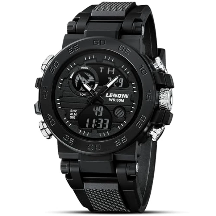 LN LENQIN Mens Watches Digital Military Watch for Men Stopwatch Army Survival Tactical Sports Outdoor Big Face Waterproof Men's Wrist Watches with LED Backlight/Timer/Alarm/Date (Black) by LN LENQIN - Used - Like New condition