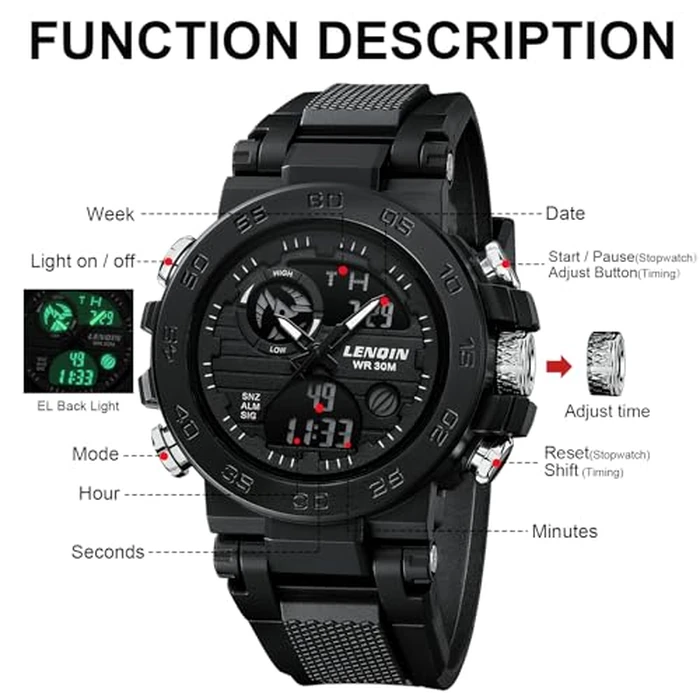 LN LENQIN Mens Watches Digital Military Watch for Men Stopwatch Army Survival Tactical Sports Outdoor Big Face Waterproof Men's Wrist Watches with LED Backlight/Timer/Alarm/Date (Black) by LN LENQIN - Image 6