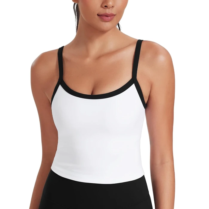 HeyNuts Vintage Color-Block Strappy Crop Cami Tank Top for Womens, Scoop Neck Spaghetti Strap Low Impact Wirefree Workout Athletic Basic Gym Yoga Longline Sports Bras Padded White/Black L by HeyNuts - Used - Like New condition - US$26.59